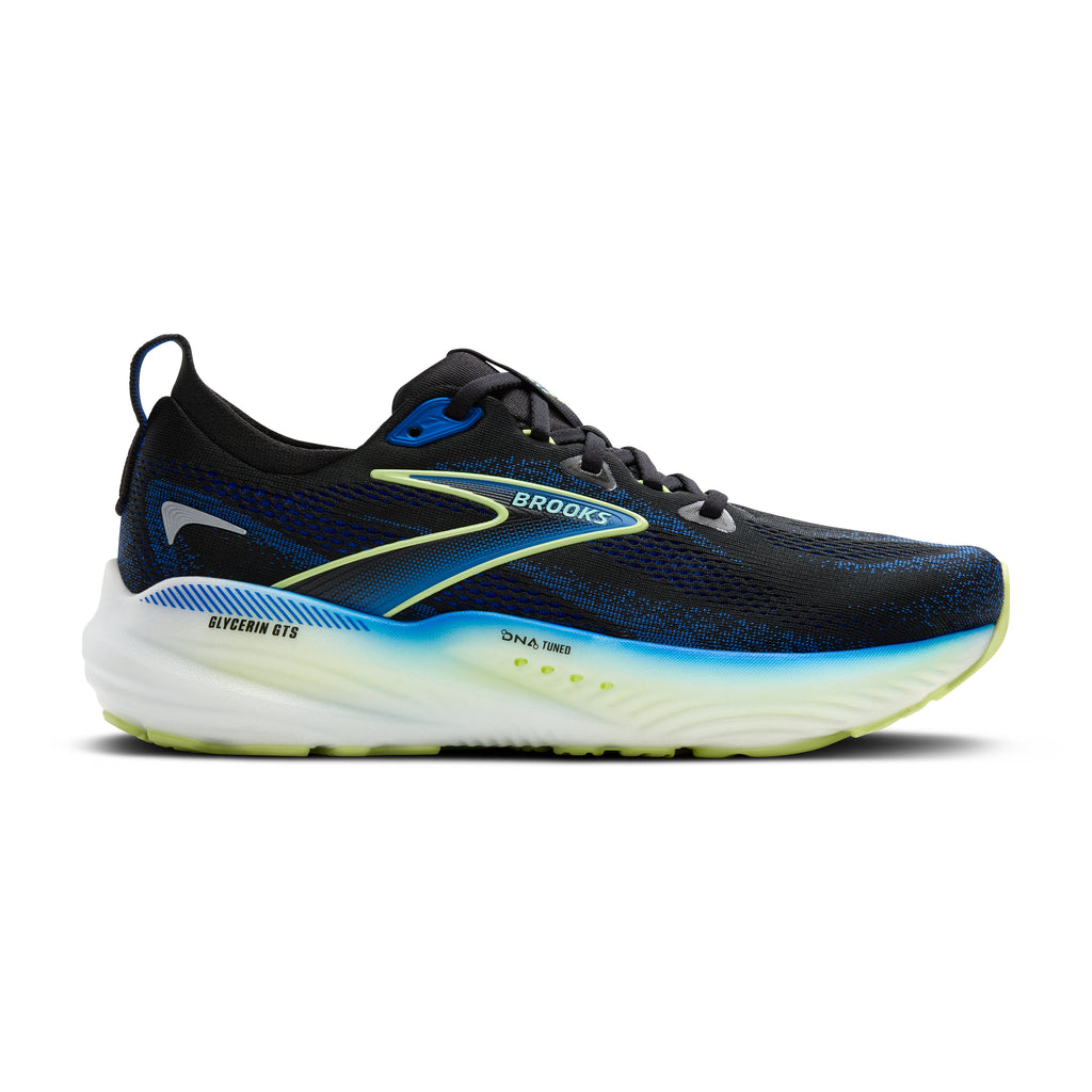 Men's Brooks Glycerin GTS 22. Black/Blue upper. White midsole. Lateral view.