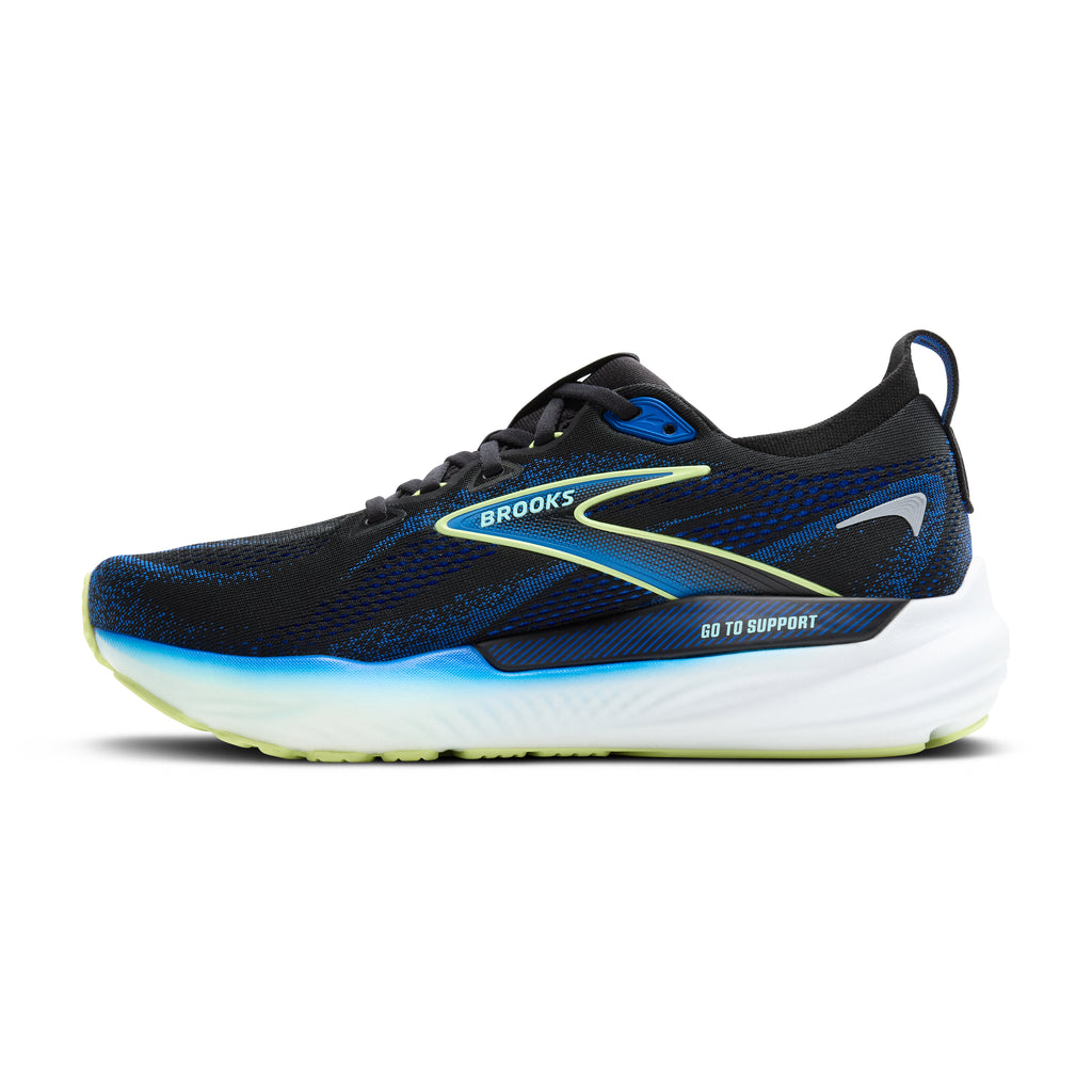 Men's Brooks Glycerin GTS 22. Black/Blue upper. White midsole. Medial view.