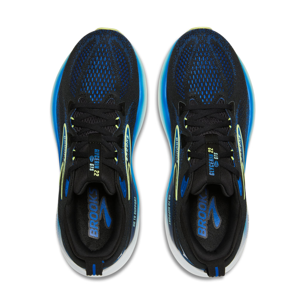 Men's Brooks Glycerin GTS 22. Black/Blue upper. White midsole. Top view.