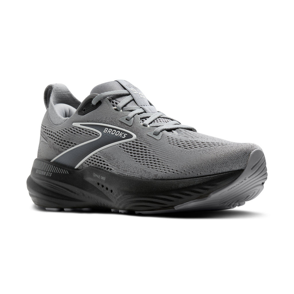 Men's Brooks Glycerin GTS 22. Grey upper. Black midsole. Lateral view.