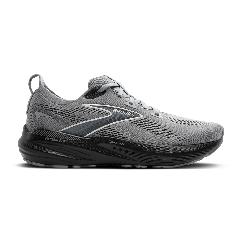 Men's Brooks Glycerin GTS 22. Grey upper. Black midsole. Lateral view.