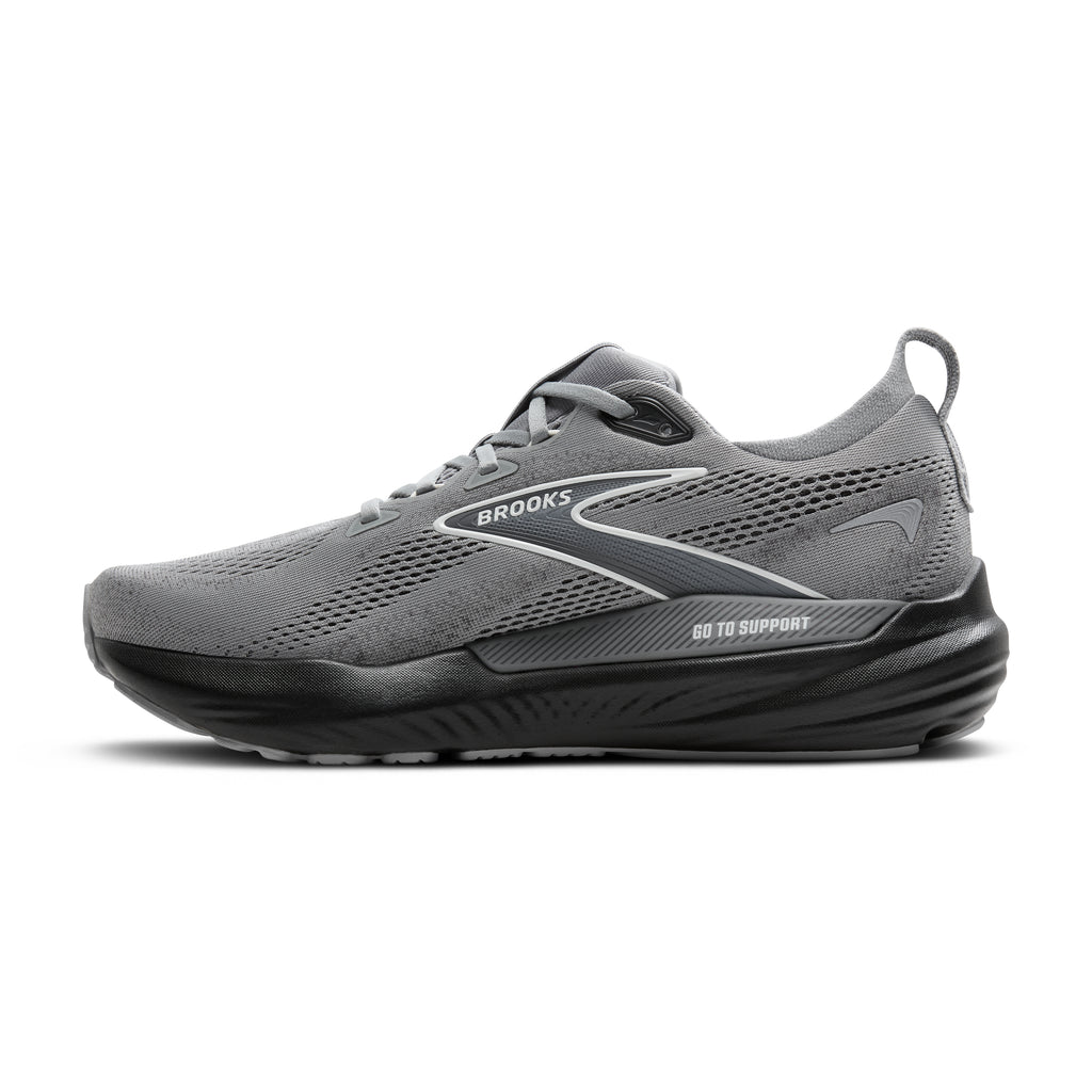 Men's Brooks Glycerin GTS 22. Grey upper. Black midsole. Medial view.