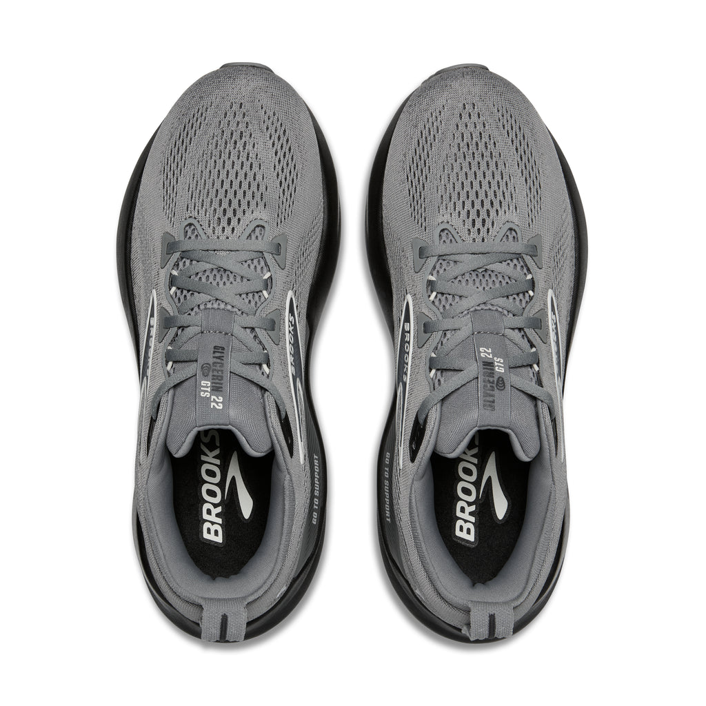 Men's Brooks Glycerin GTS 22. Grey upper. Black midsole. Top view.