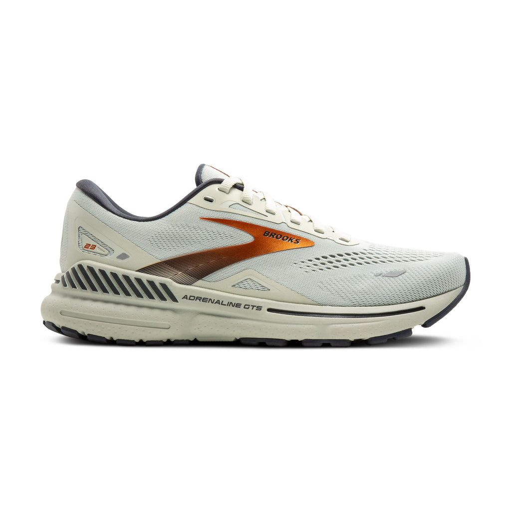 Women's Brooks Adrenaline GTS 23. Off white upper. Tan midsole. Lateral view.