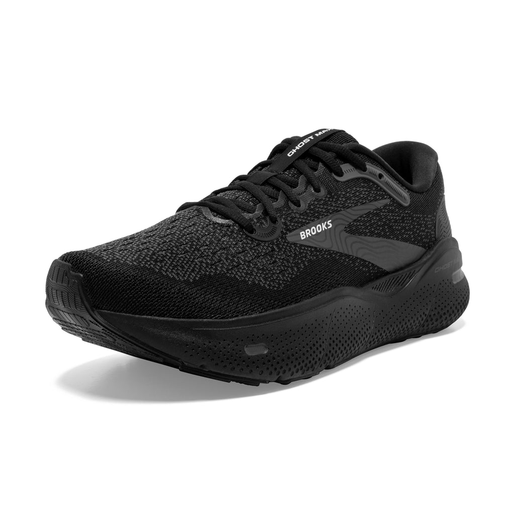 Women's Brooks Ghost Max. Black upper. Black midsole. Lateral view.