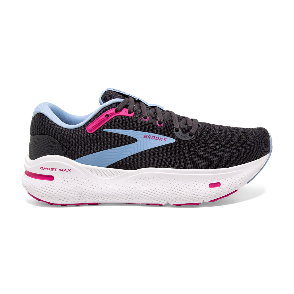 Women's Brooks Ghost Max. Dark Grey upper. White midsole. Lateral view.