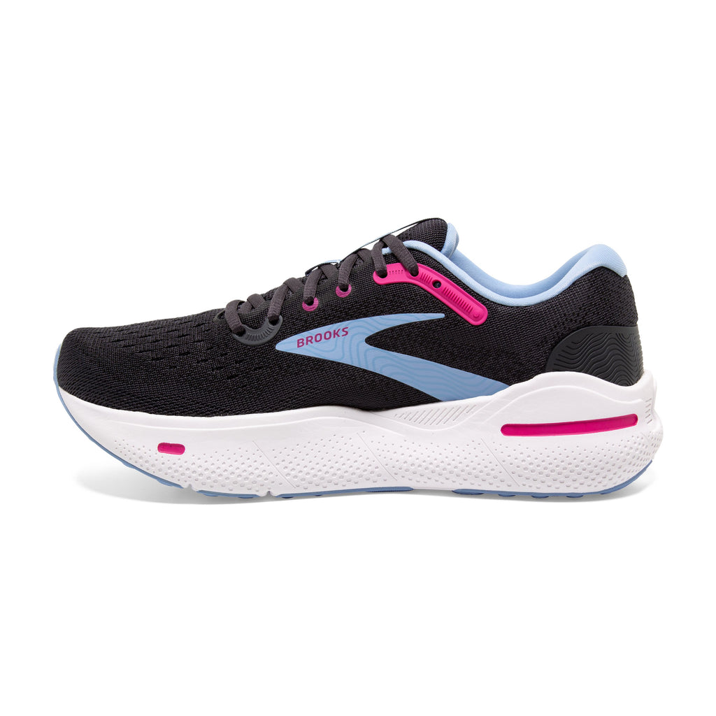 Women's Brooks Ghost Max. Dark Grey upper. White midsole. Medial view.