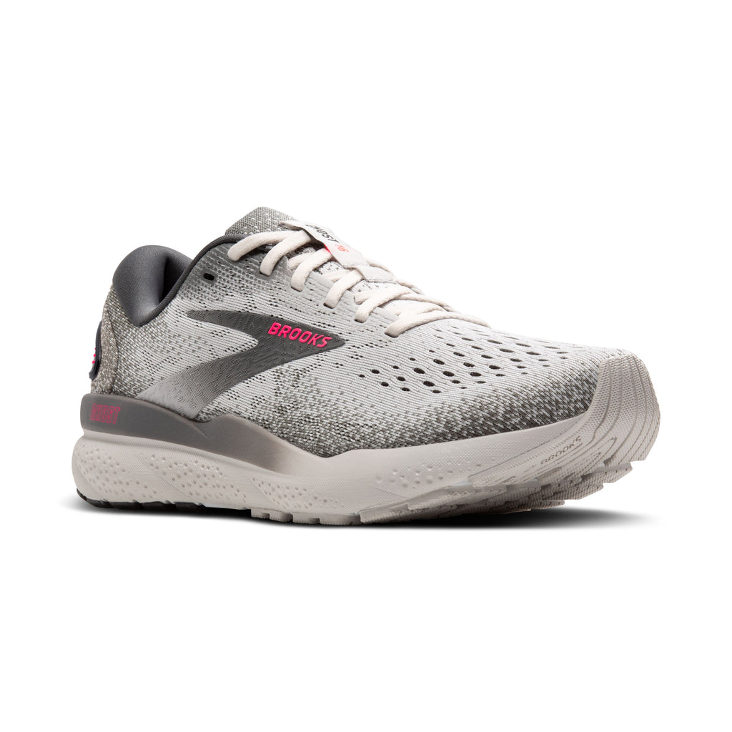 Women's Brooks Ghost 15. Grey upper. Grey midsole. Lateral view.