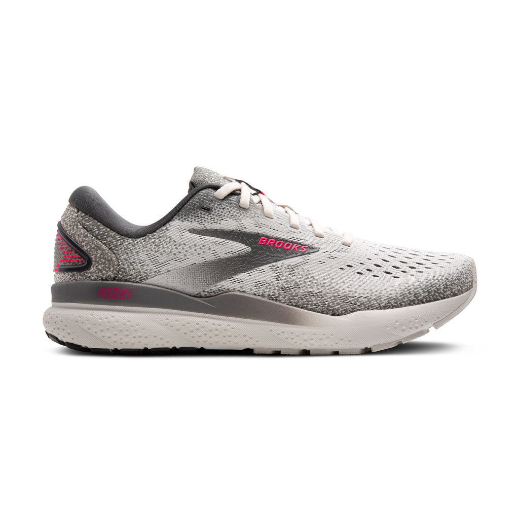 Women's Brooks Ghost 15. Grey upper. Grey midsole. Lateral view.