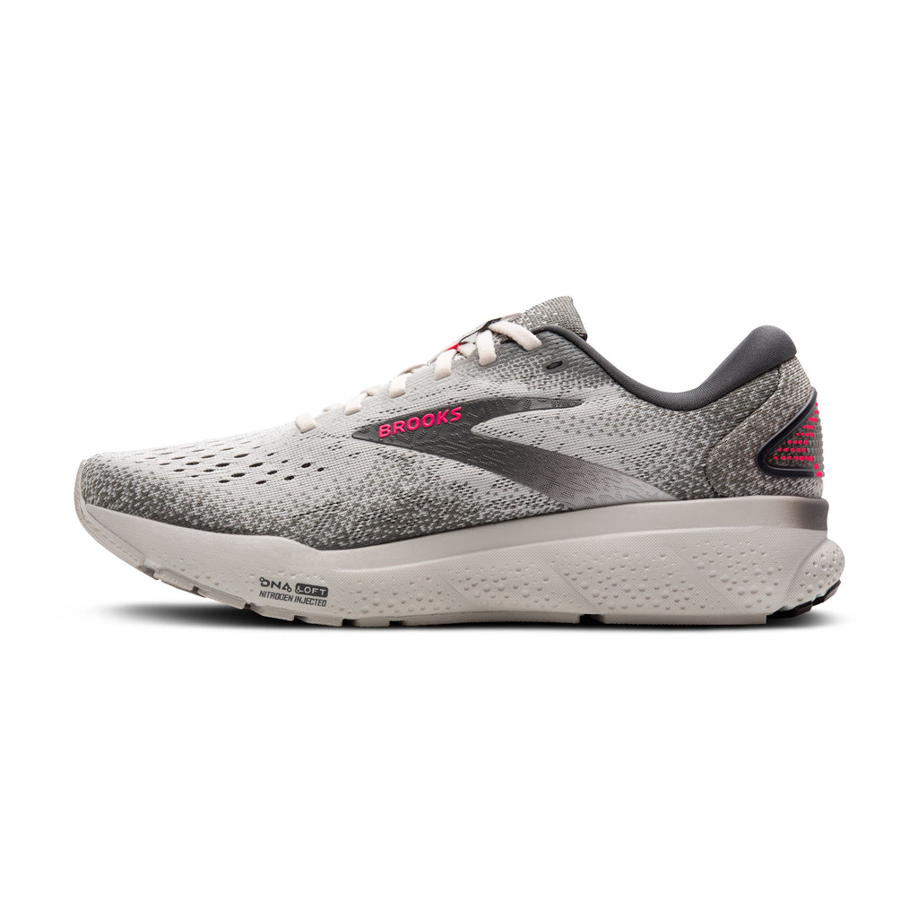 Women's Brooks Ghost 15. Grey upper. Grey midsole. Medial view.