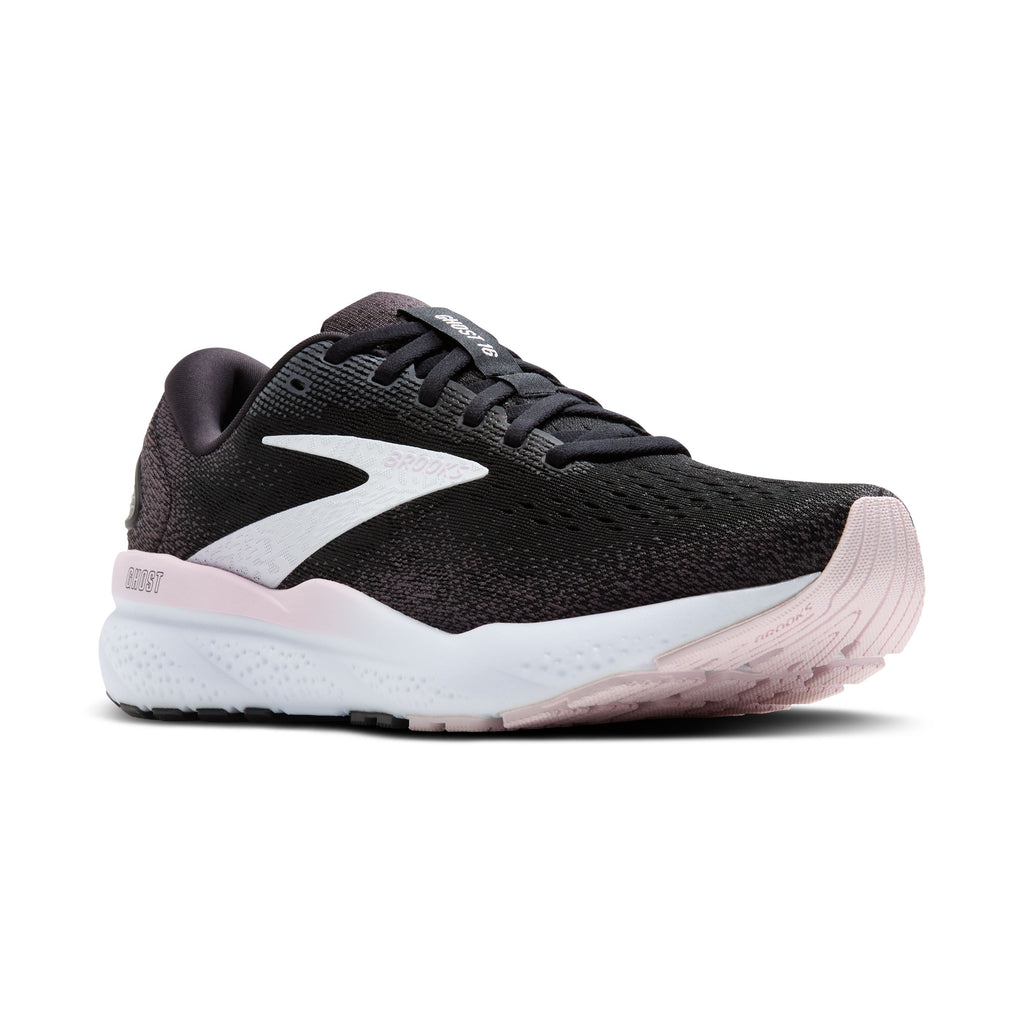 Women's Brooks Ghost 16. Black upper. White midsole. Lateral view.