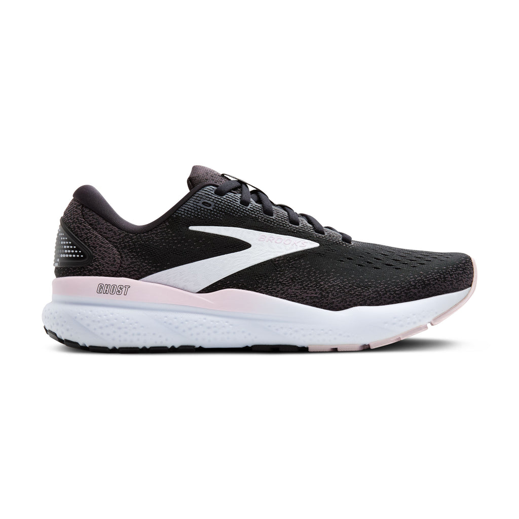 Women's Brooks Ghost 16. Black upper. White midsole. Lateral view.