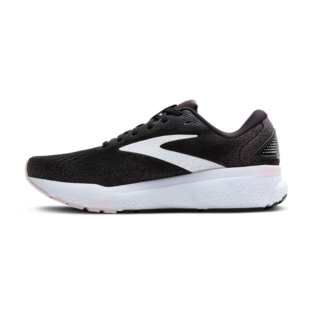 Women's Brooks Ghost 16. Black upper. White midsole. Medial view.