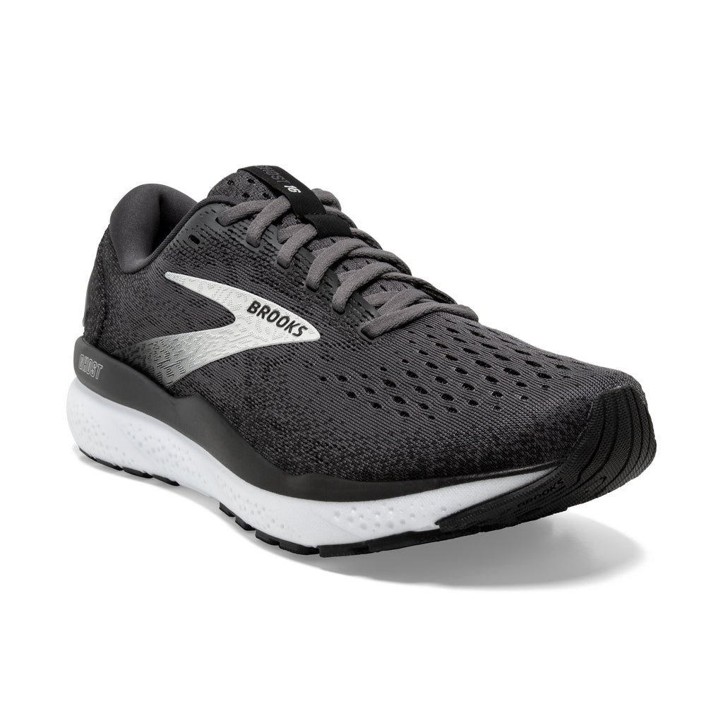 Women's Brooks Ghost 16. Black upper. White midsole. Lateral view.