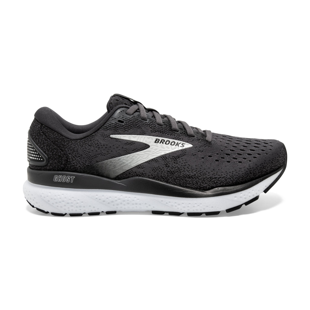 Women's Brooks Ghost 16. Black upper. White midsole. Lateral view.