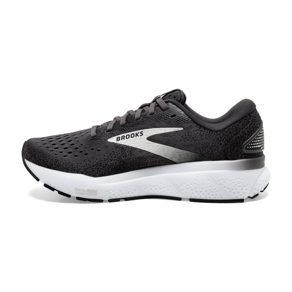 Women's Brooks Ghost 16. Black upper. White midsole. Medial view.