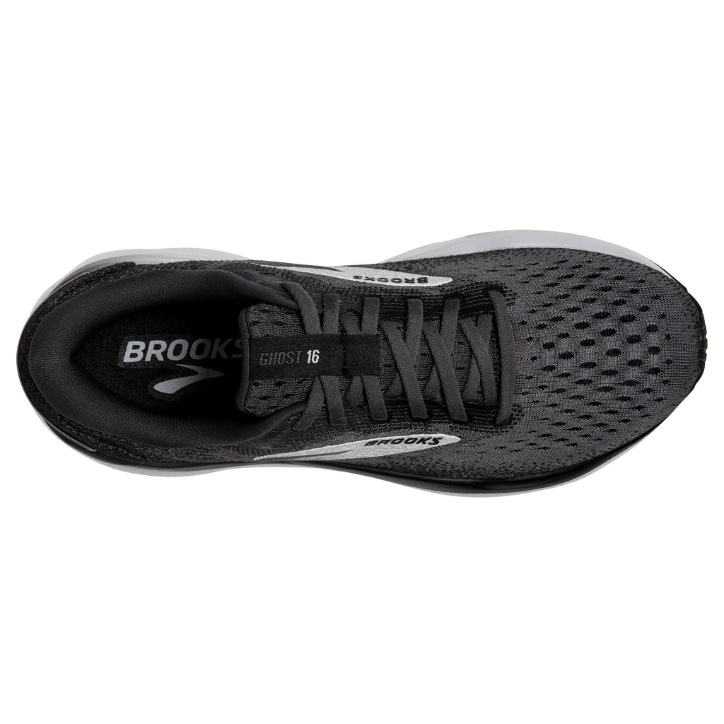 Women's Brooks Ghost 16. Black upper. White midsole. Top view.