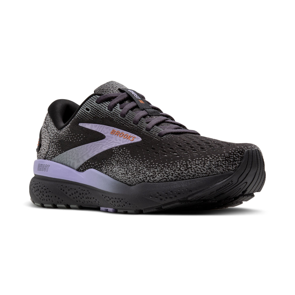 Women's Brooks Ghost 16. Black upper. Black midsole. Lateral view.