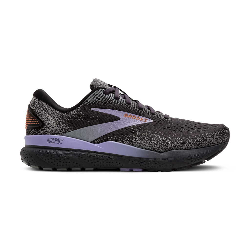 Women's Brooks Ghost 16. Black upper. Black midsole. Lateral view.
