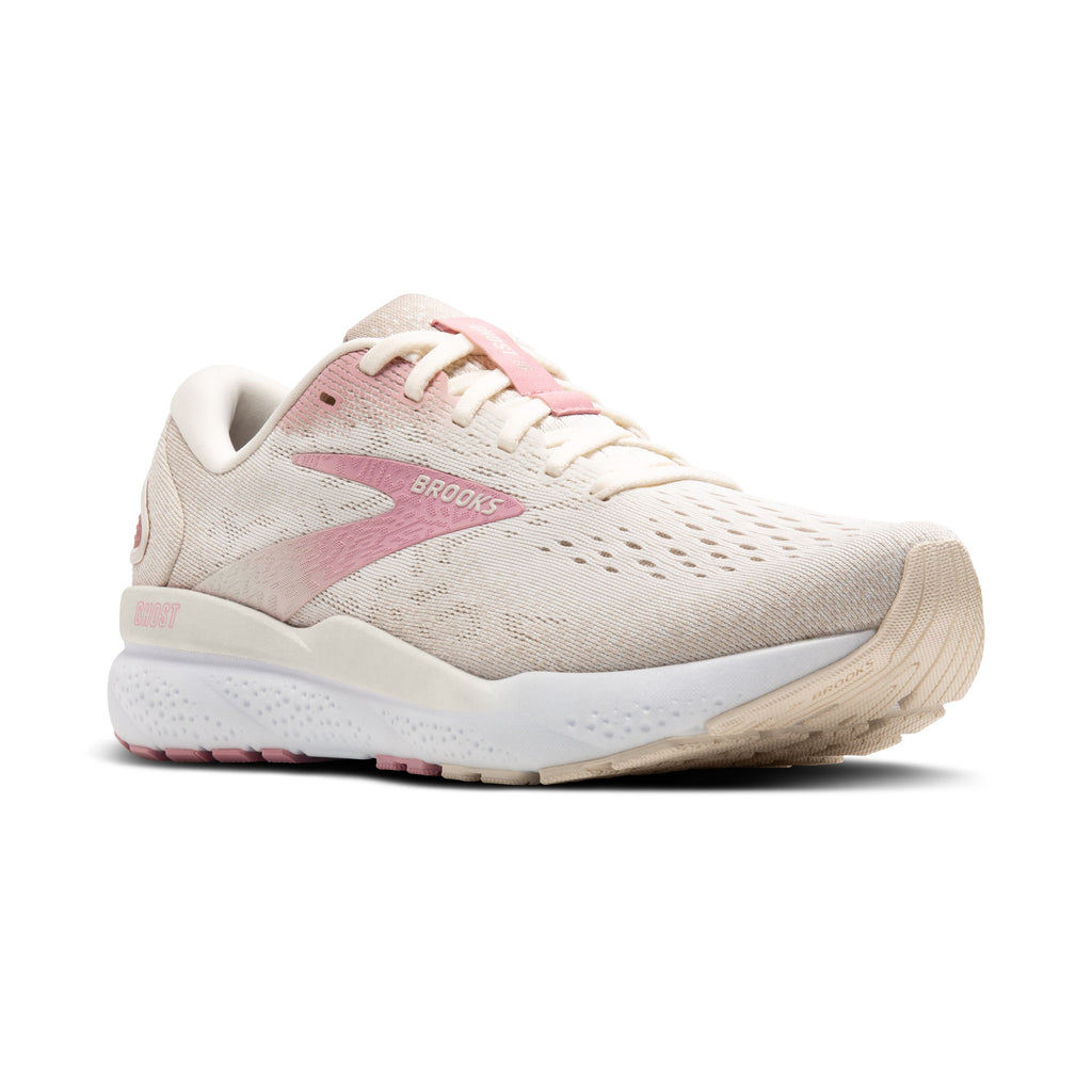 Women's Brooks Ghost 16. Off white upper. White midsole. Lateral view.