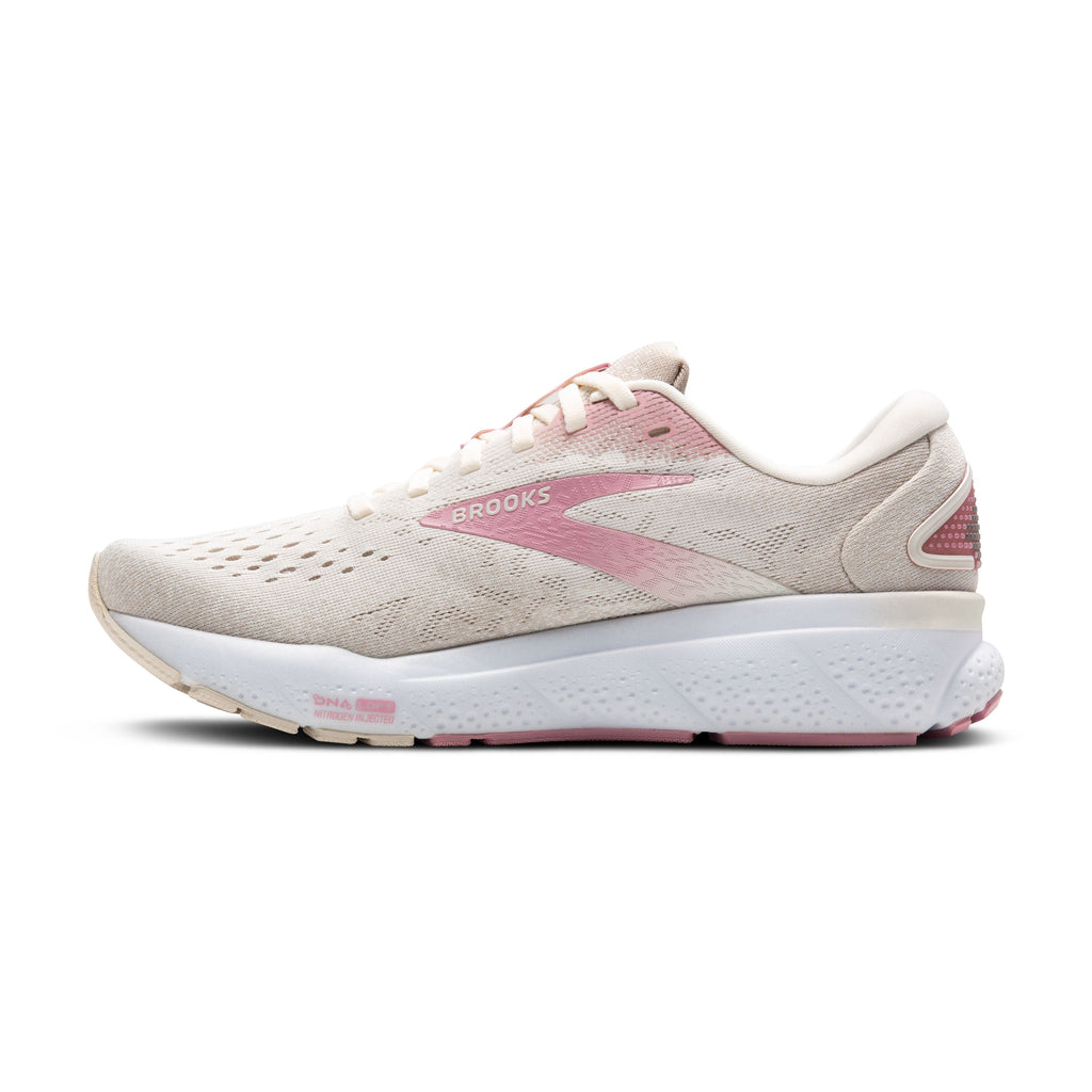 Women's Brooks Ghost 16. Off white upper. White midsole. Medial view.