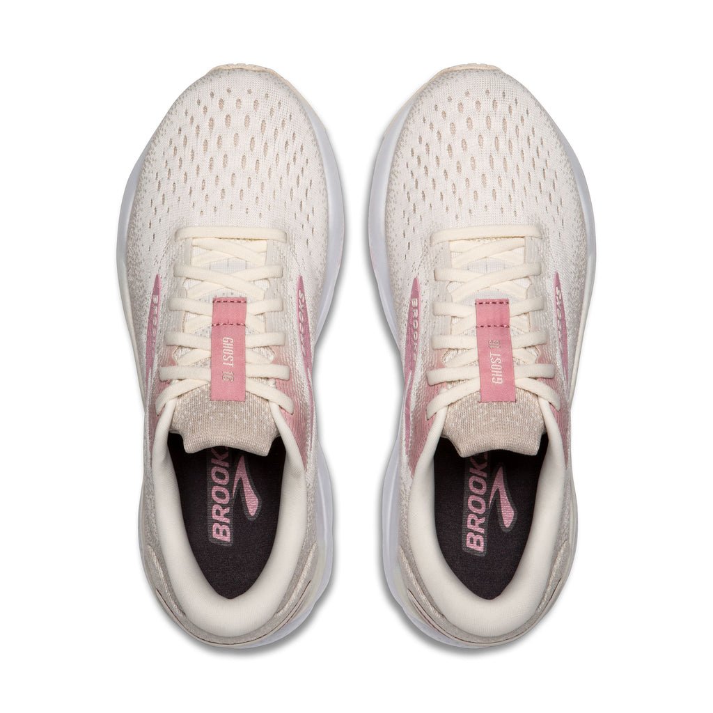 Women's Brooks Ghost 16. Off white upper. White midsole. Top view.