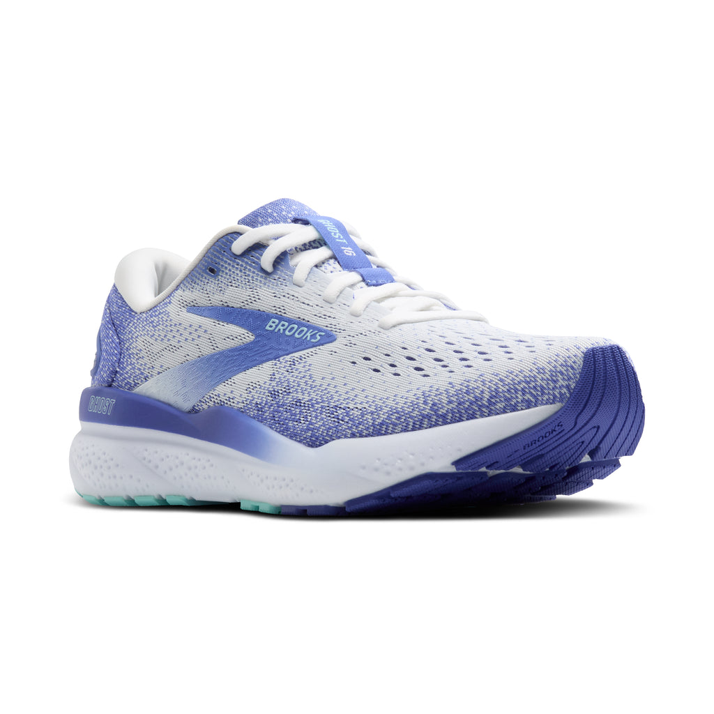 Women's Brooks Ghost 16. White/Blue upper. White midsole. Lateral view.