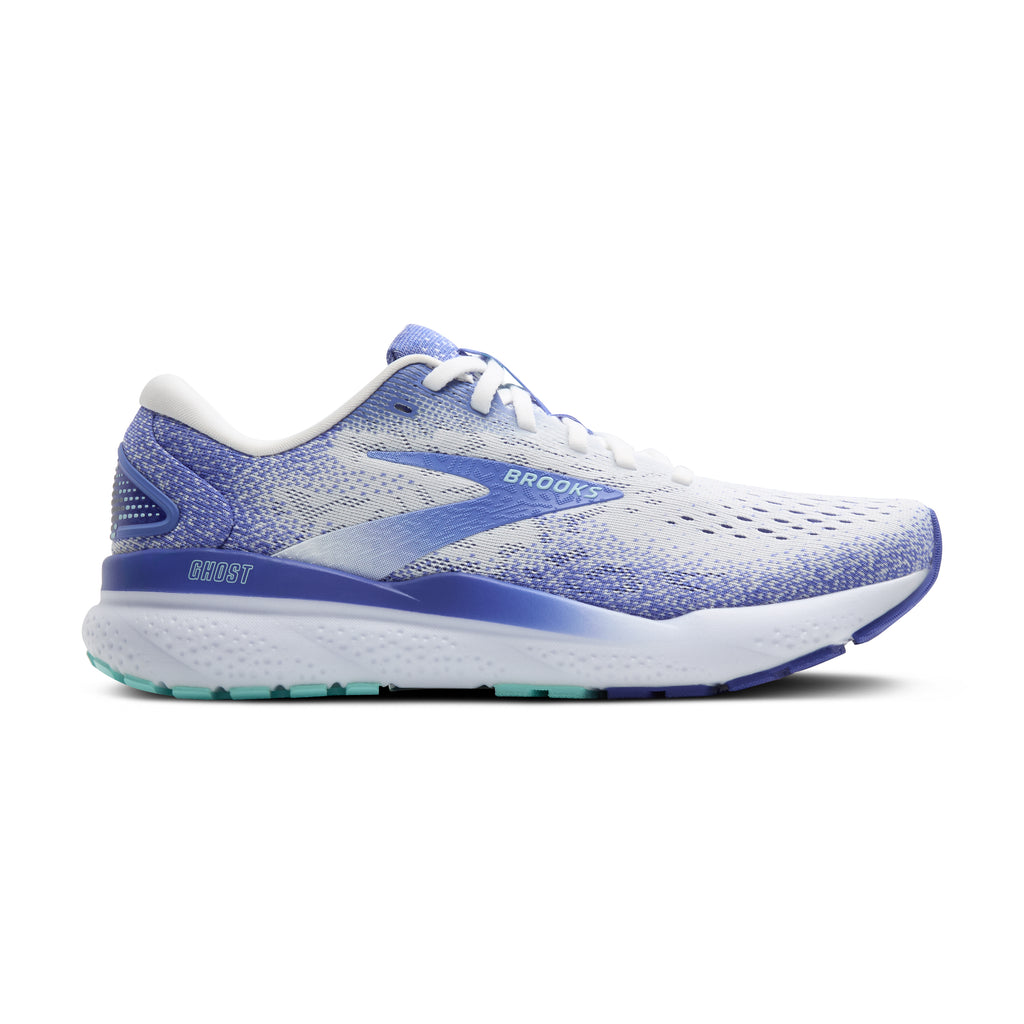 Women's Brooks Ghost 16. White/Blue upper. White midsole. Lateral view.