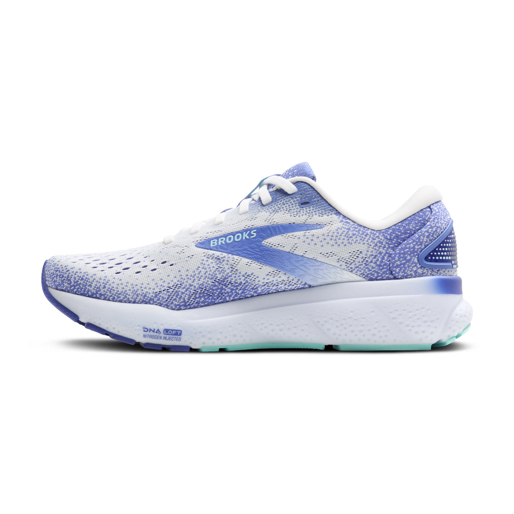 Women's Brooks Ghost 16. White/Blue upper. White midsole. Medial view.