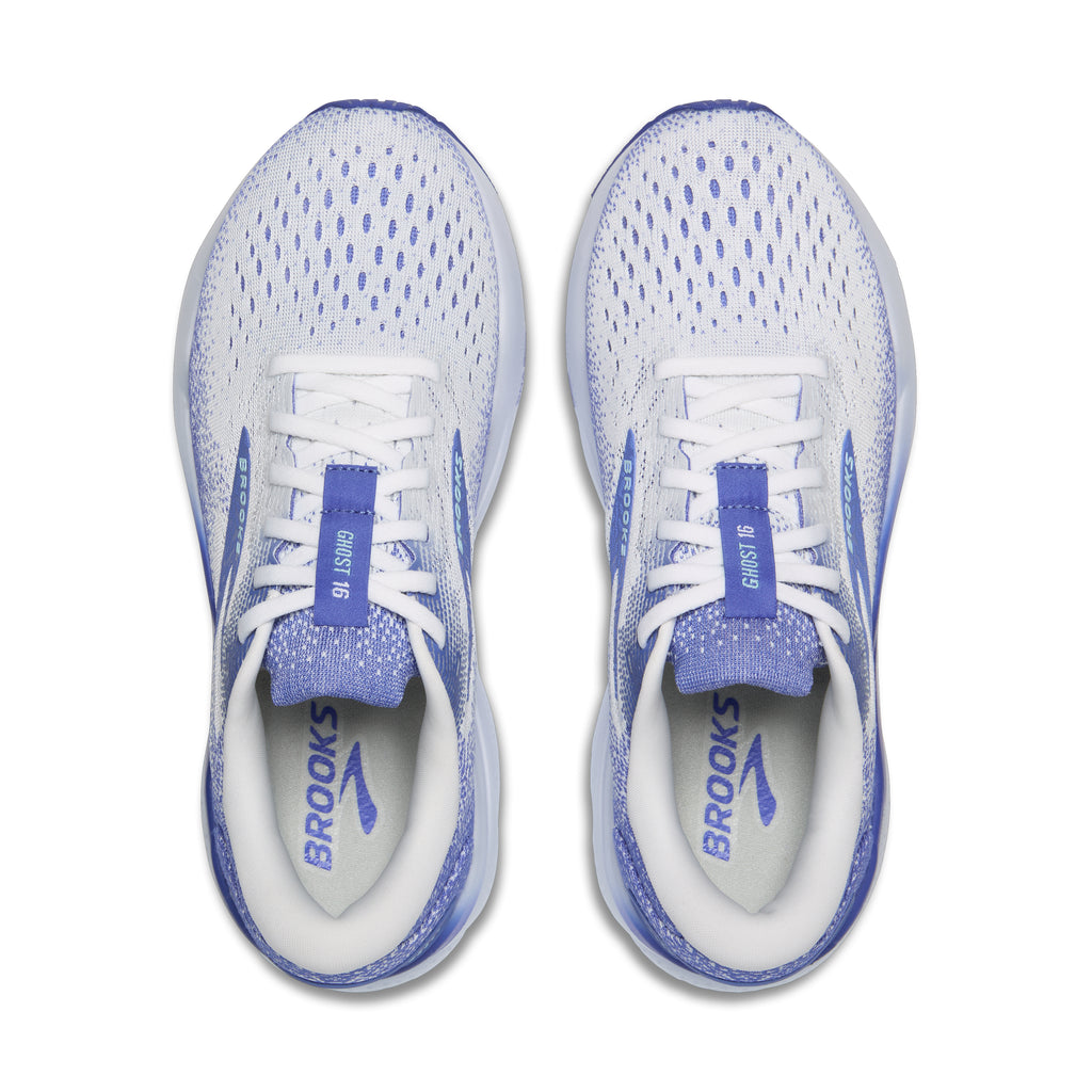 Women's Brooks Ghost 16. White/Blue upper. White midsole. Top view.