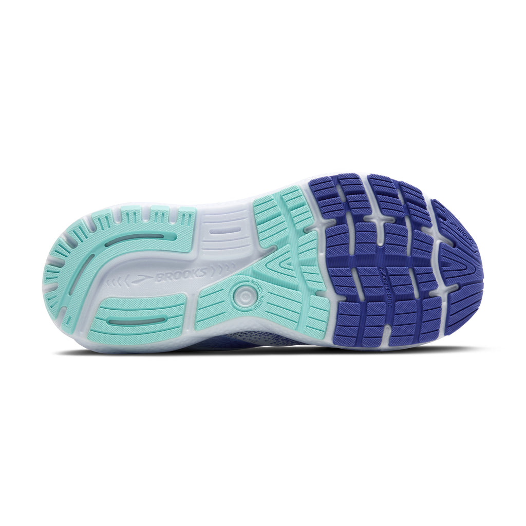 Women's Brooks Ghost 16. White/Blue upper. White midsole. Bottom view.