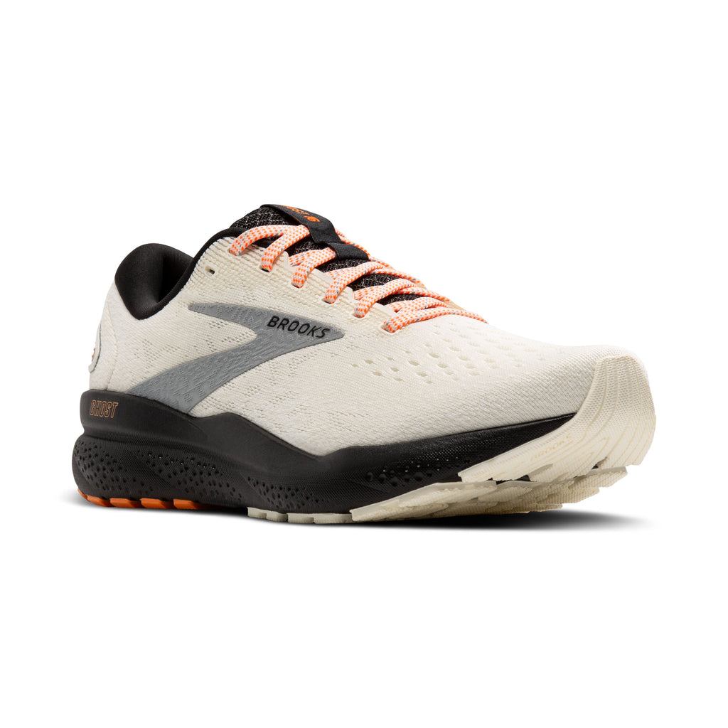 Women's Brooks Ghost 16. Off white upper. Black midsole. Lateral view.