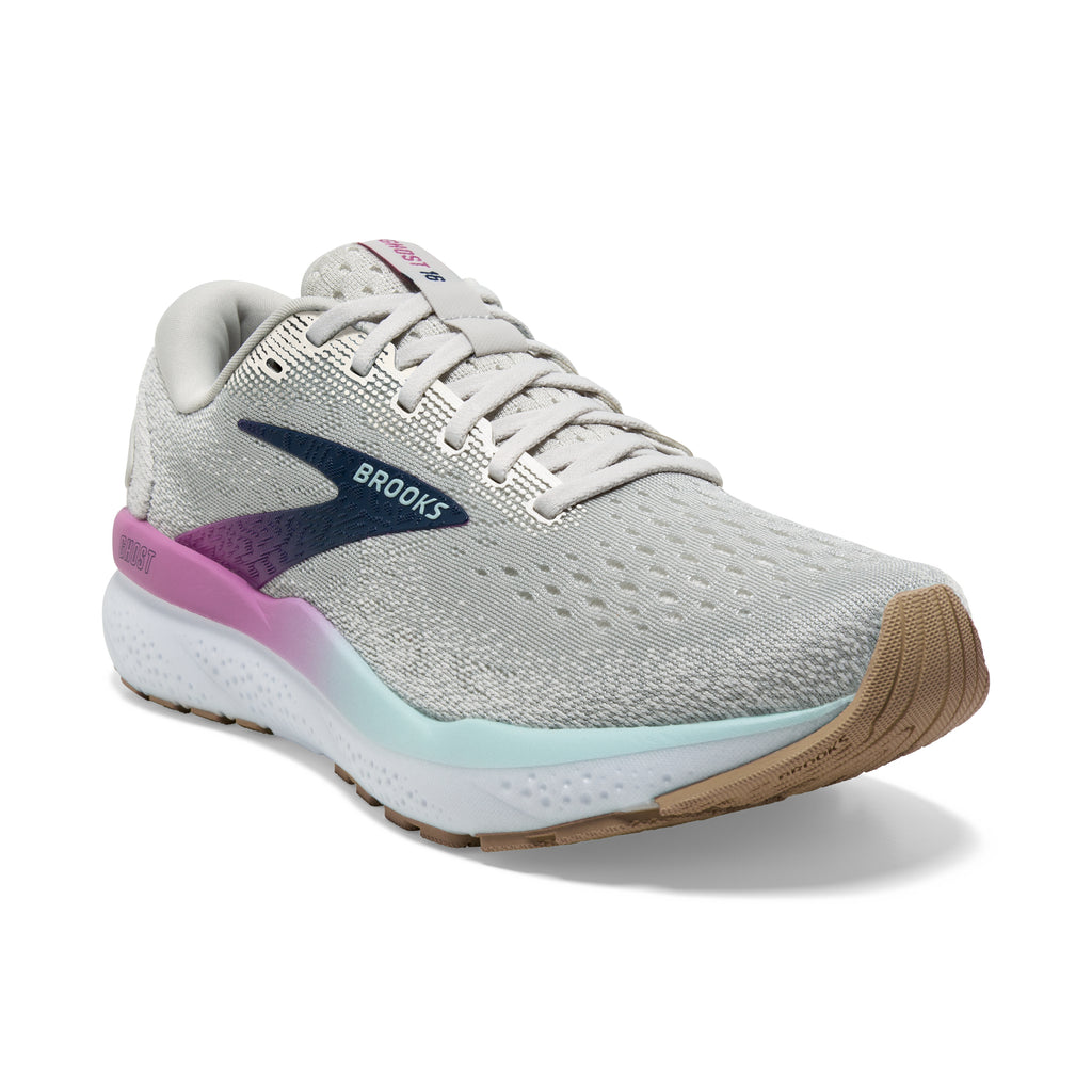 Women's Brooks Ghost 16. Light Grey upper. White midsole. Lateral view.