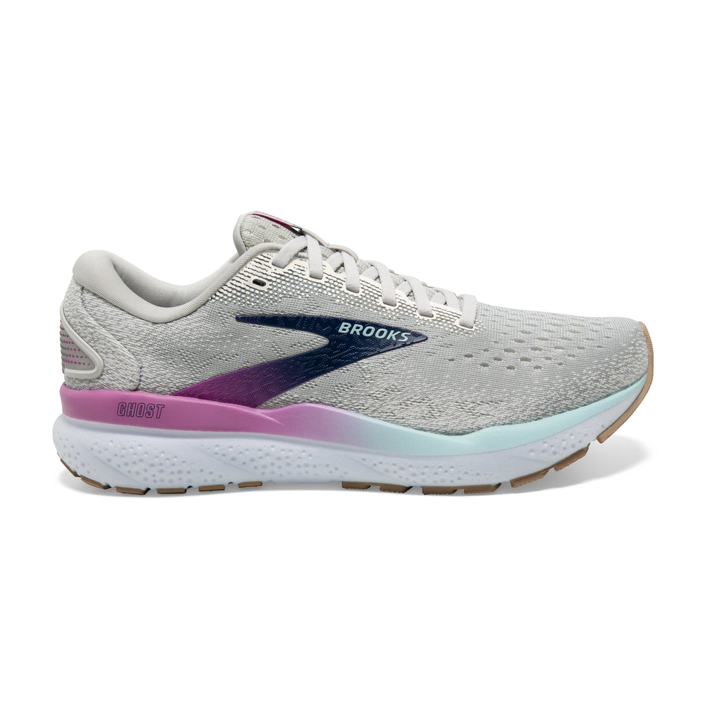 Women's Brooks Ghost 16. Light Grey upper. White midsole. Lateral view.