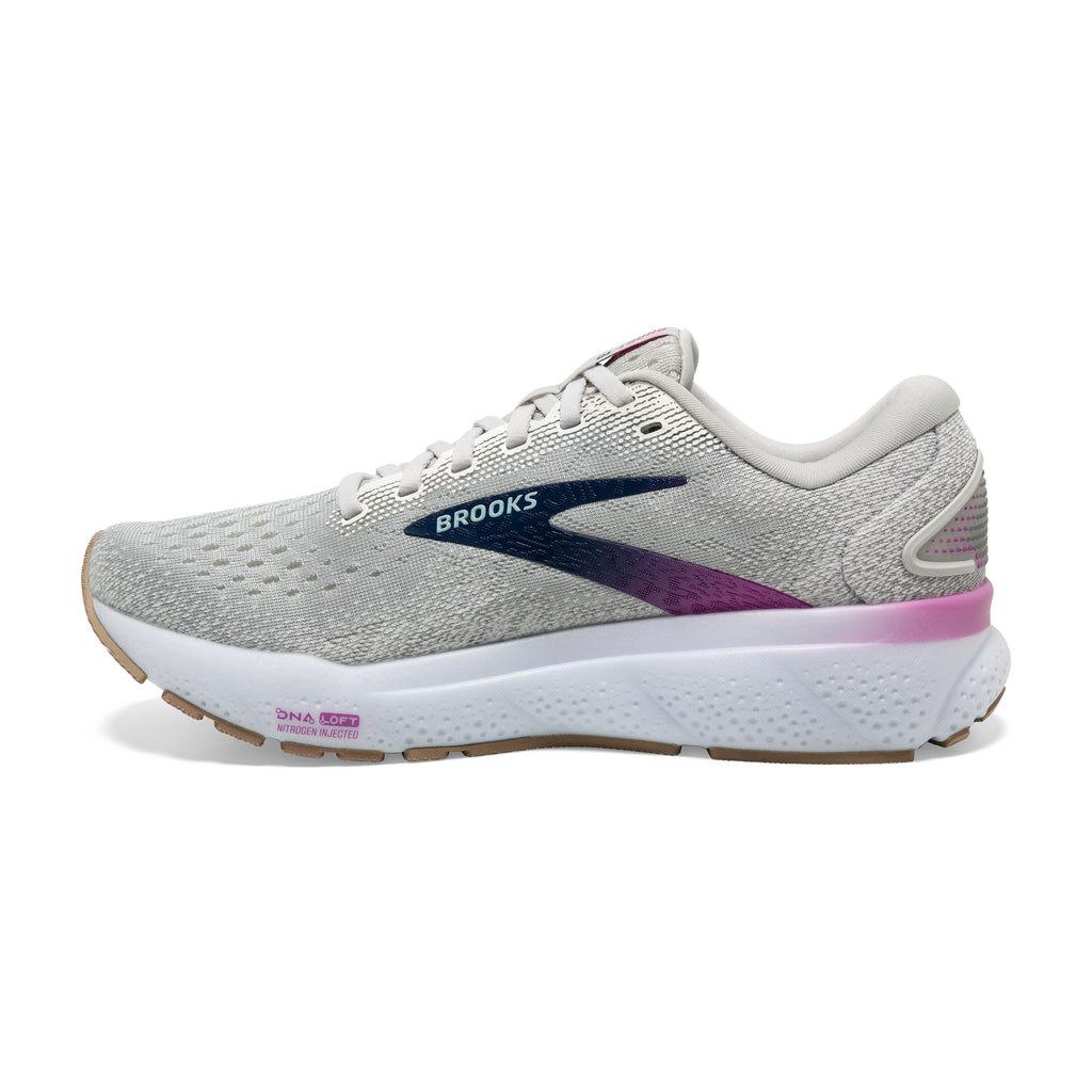 Women's Brooks Ghost 16. Light Grey upper. White midsole. Medial view.