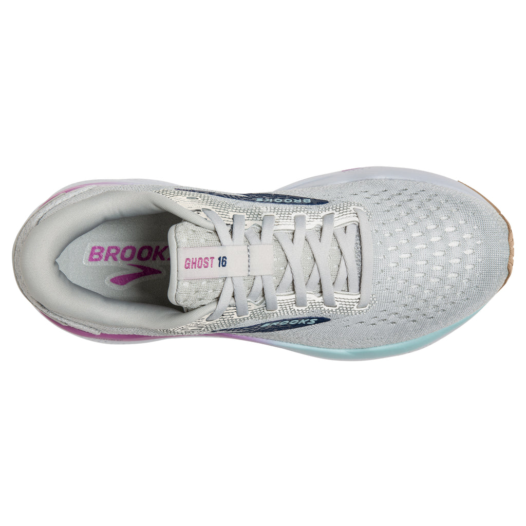 Women's Brooks Ghost 16. Light Grey upper. White midsole. Top view.