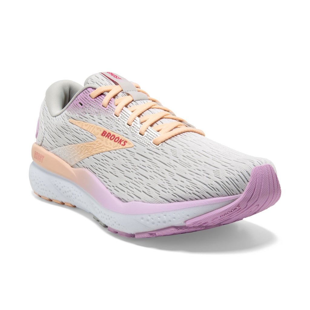 Women's Brooks Ghost 16. Light Grey upper. White midsole. Lateral view.