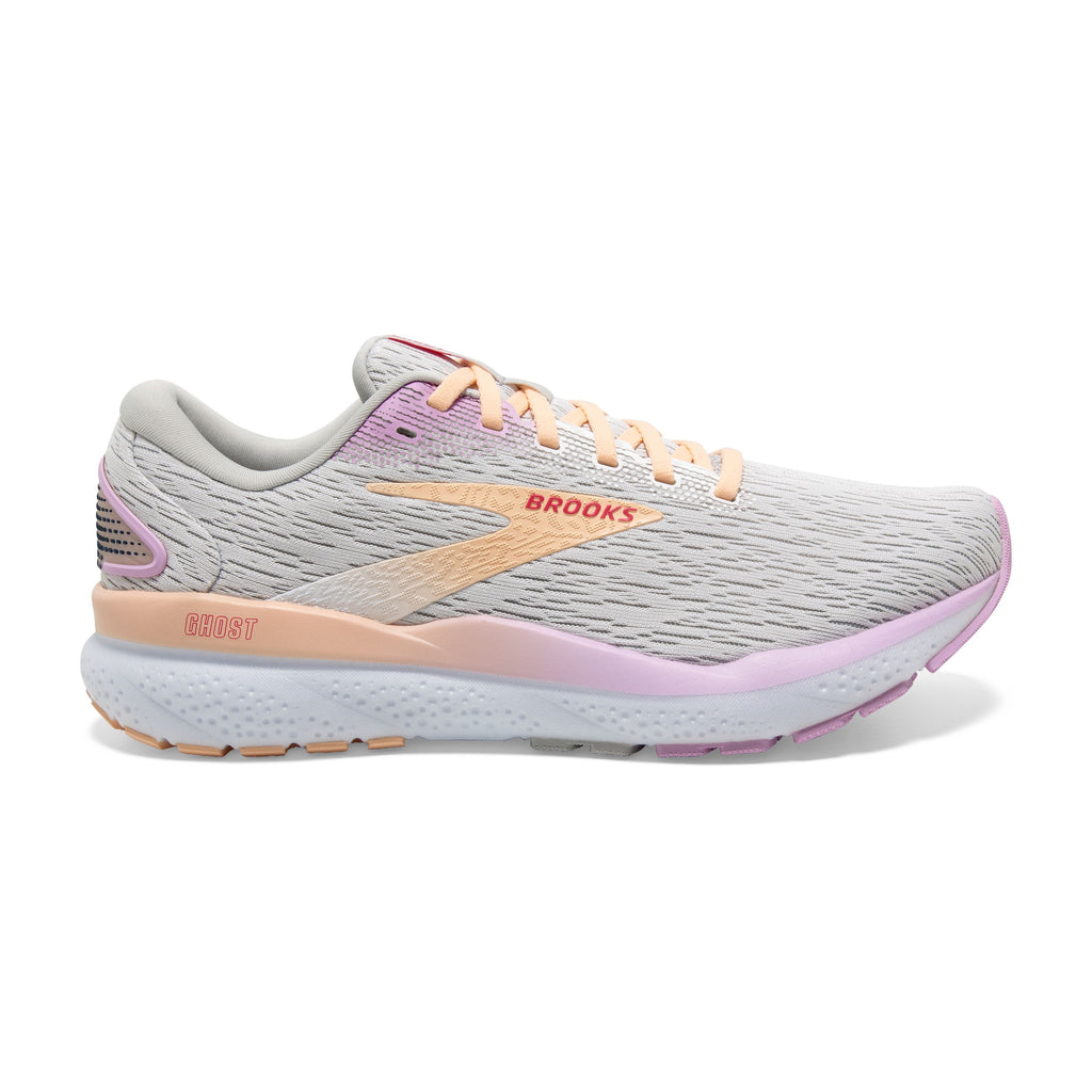 Women's Brooks Ghost 16. Light Grey upper. White midsole. Lateral view.