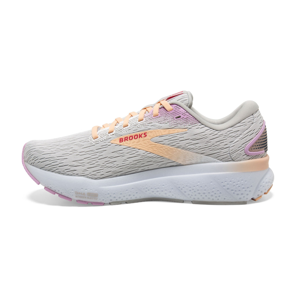 Women's Brooks Ghost 16. Light Grey upper. White midsole. Medial view.