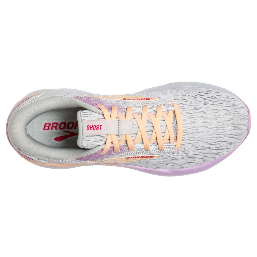 Women's Brooks Ghost 16. Light Grey upper. White midsole. Top view.