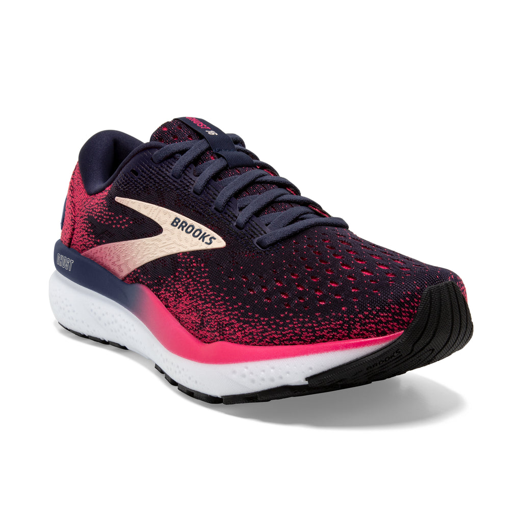 Women's Brooks Ghost 16. Black/Red upper. White midsole. Lateral view.