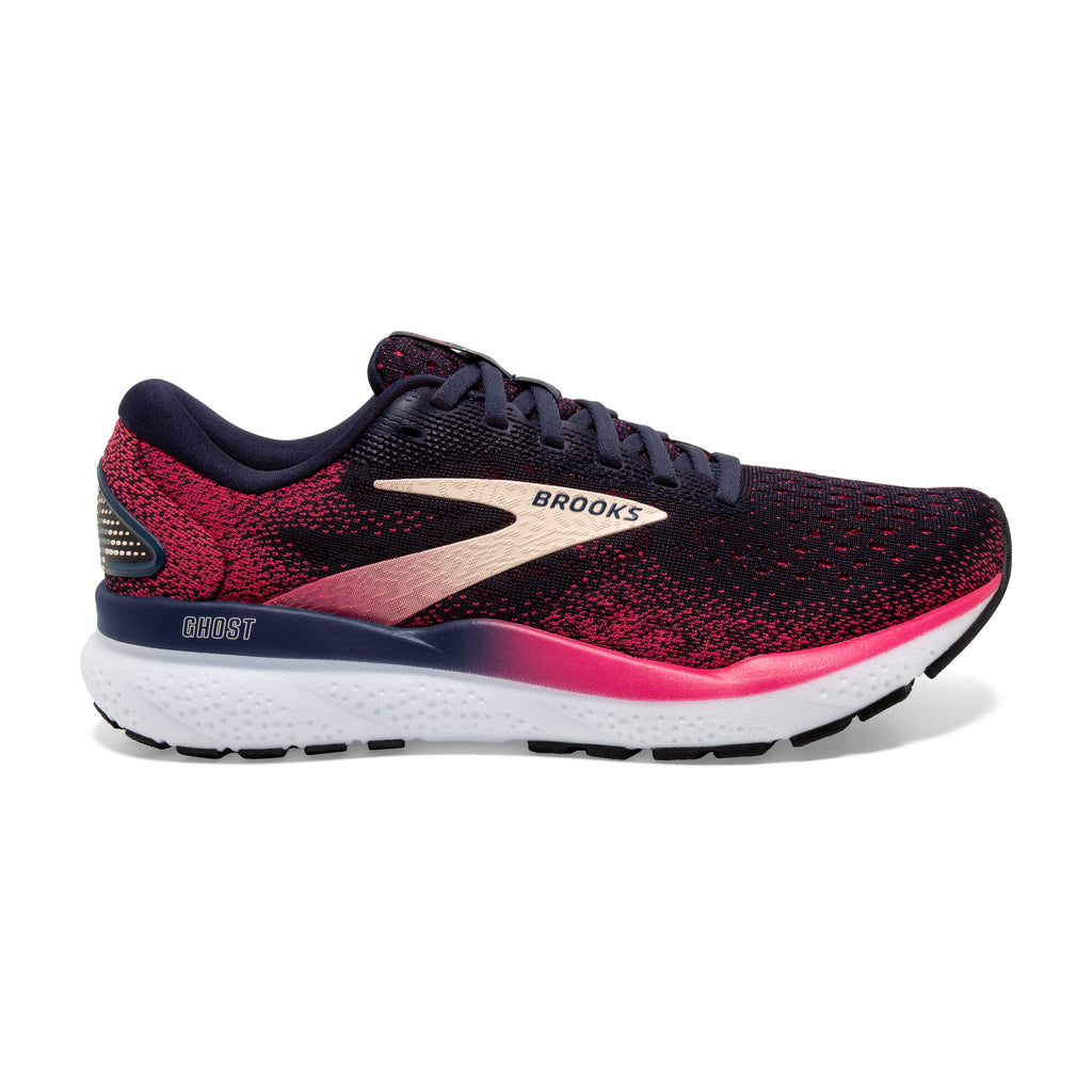 Women's Brooks Ghost 16. Black/Red upper. White midsole. Lateral view.