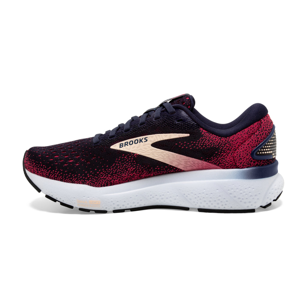 Women's Brooks Ghost 16. Black/Red upper. White midsole. Medial view.