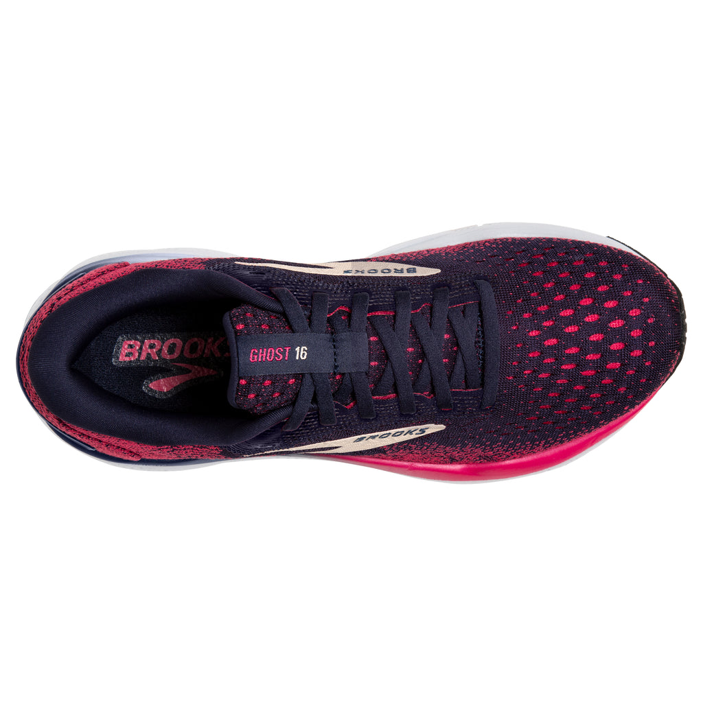 Women's Brooks Ghost 16. Black/Red upper. White midsole. Top view.