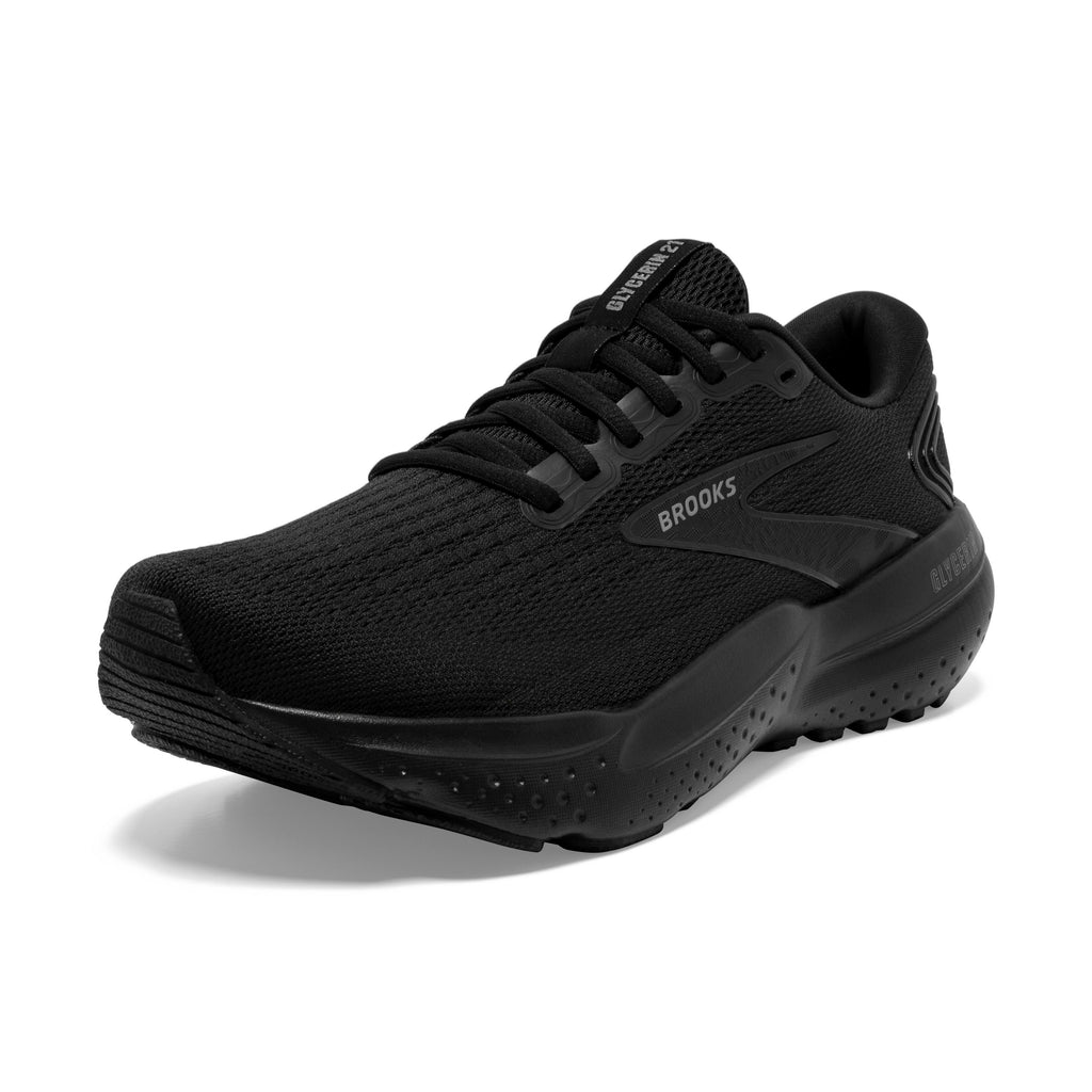 Women's Brooks Glycerin 21. Black upper. Black midsole. Lateral view.