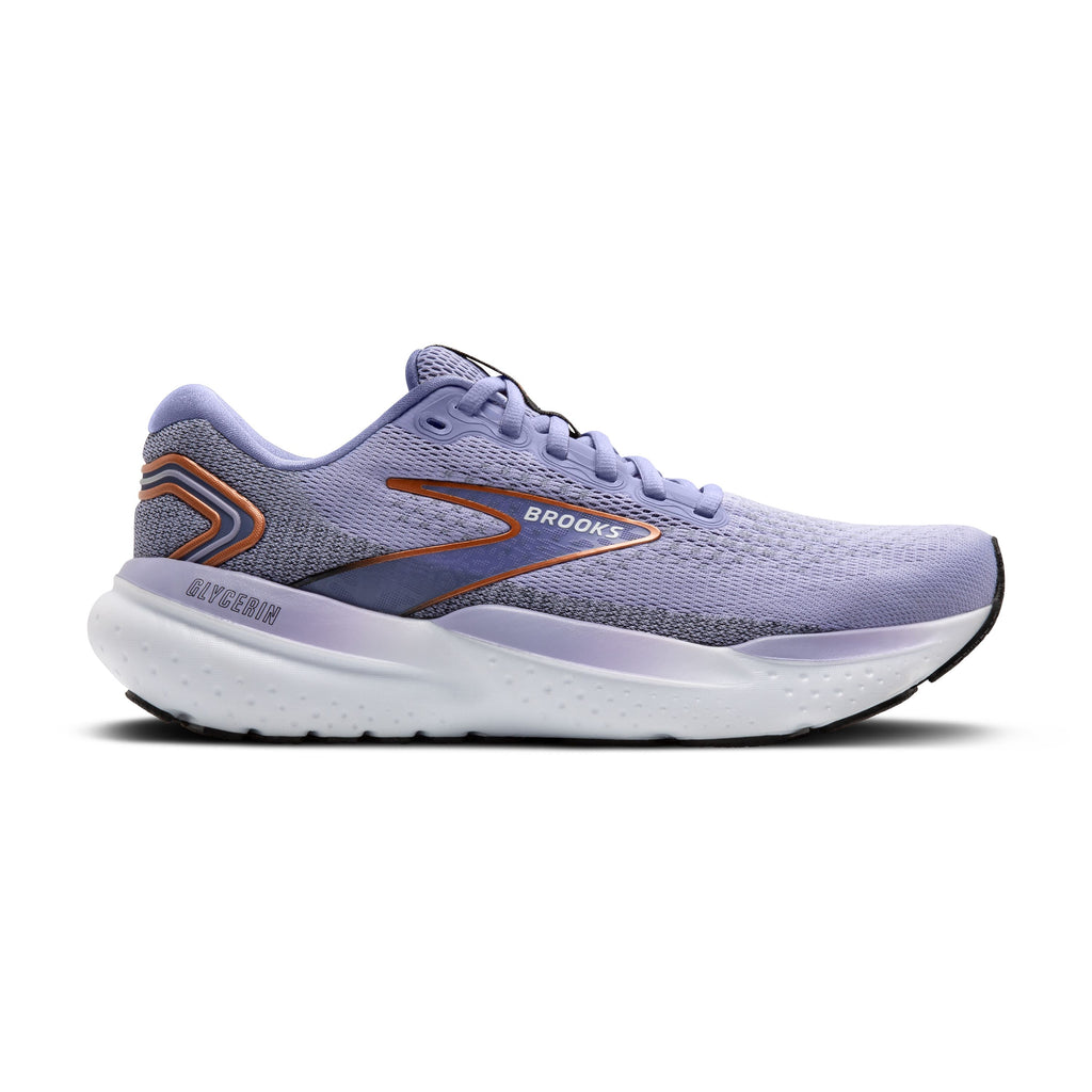 Women's Brooks Glycerin 21. Light Purple upper. White midsole. Lateral view.