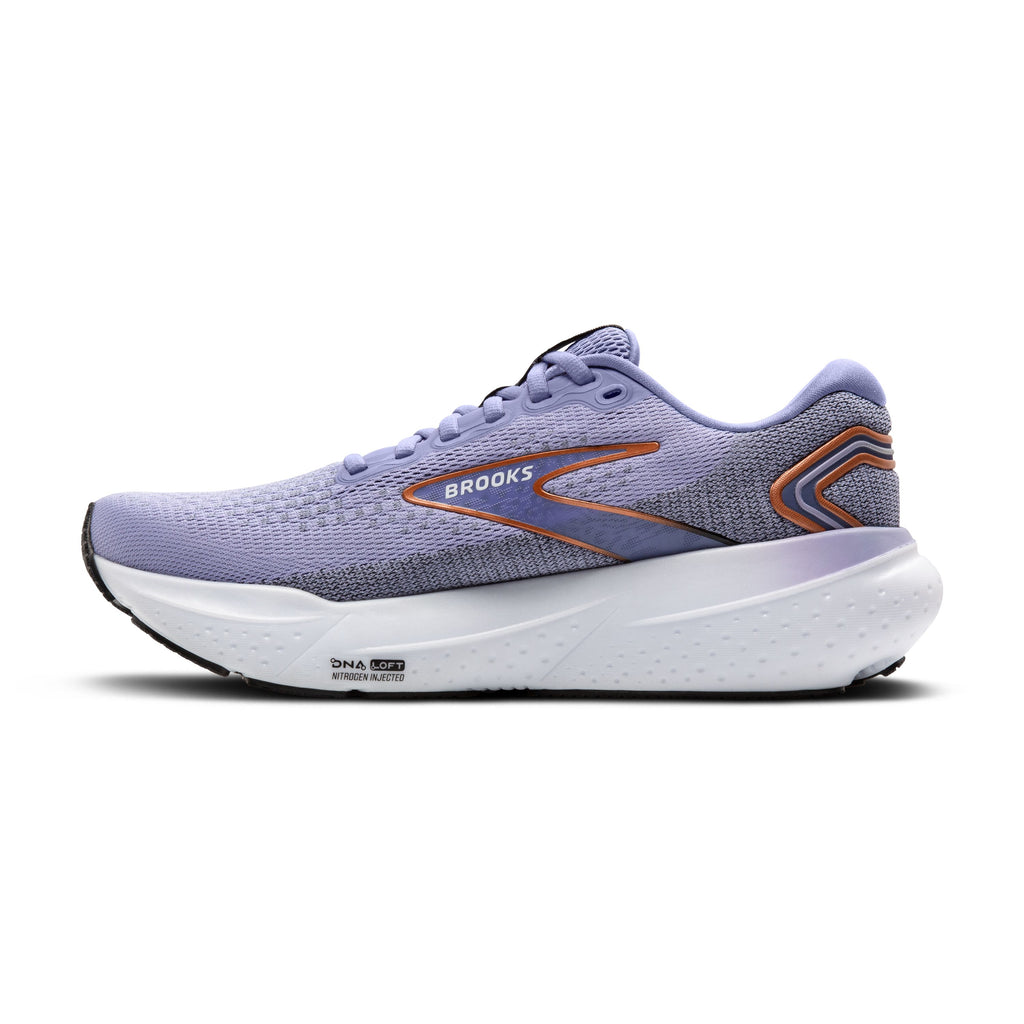 Women's Brooks Glycerin 21. Light Purple upper. White midsole. Medial view.