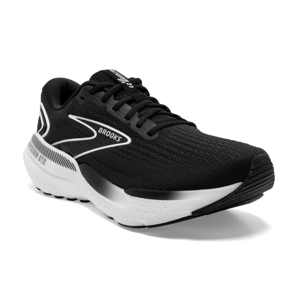 Women's Brooks Glycerin GTS 21. Black upper. White midsole. Lateral view.