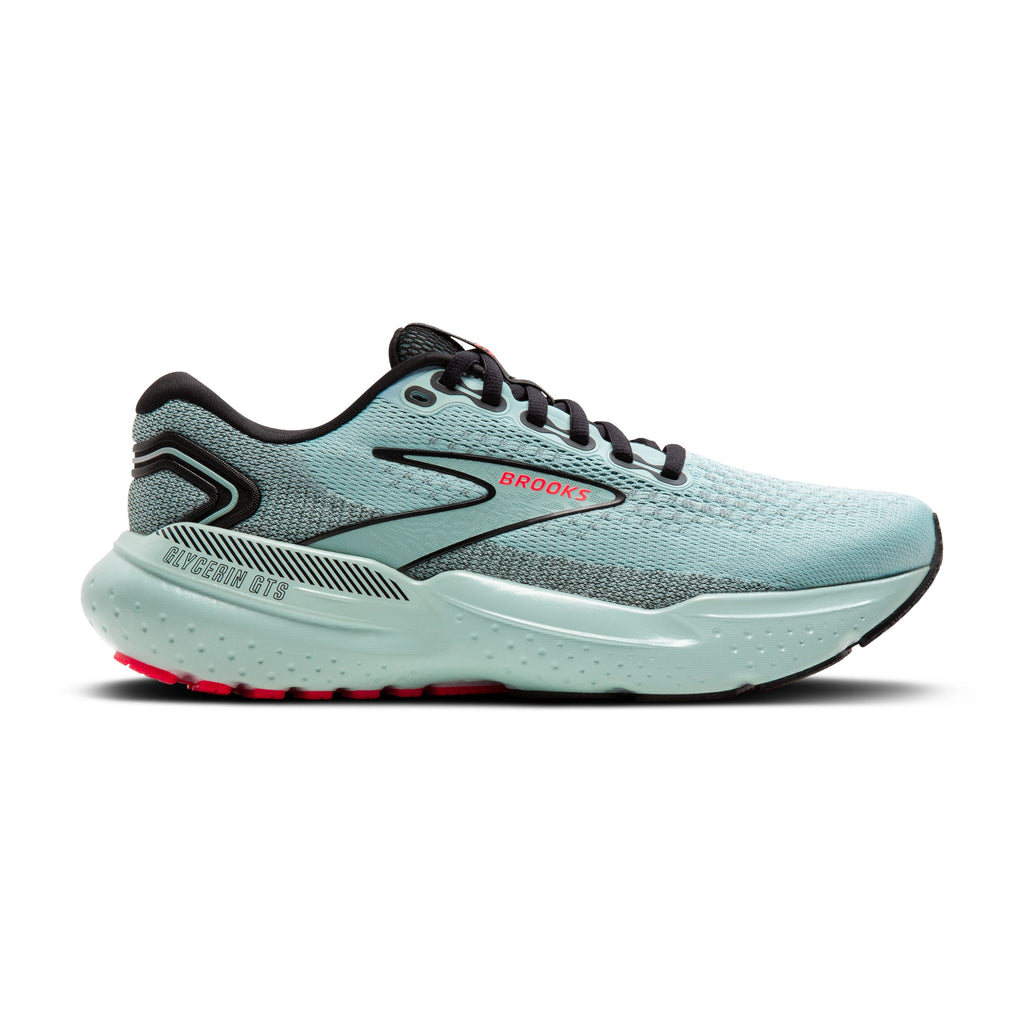 Women's Brooks Glycerin GTS 21. Gray/Blue upper. Gray/Blue midsole. Lateral view.