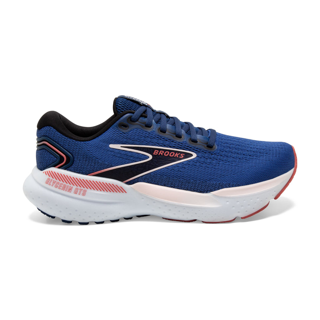 Women's Brooks Glycerin GTS 21. Blue upper. White midsole. Lateral view.